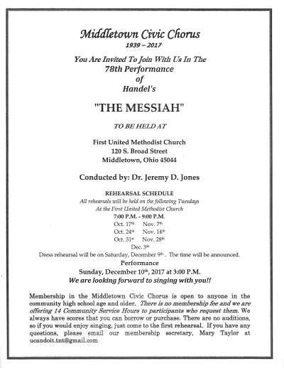 Middletown Civic Chorus "The Messiah" Rehearsal Schedule